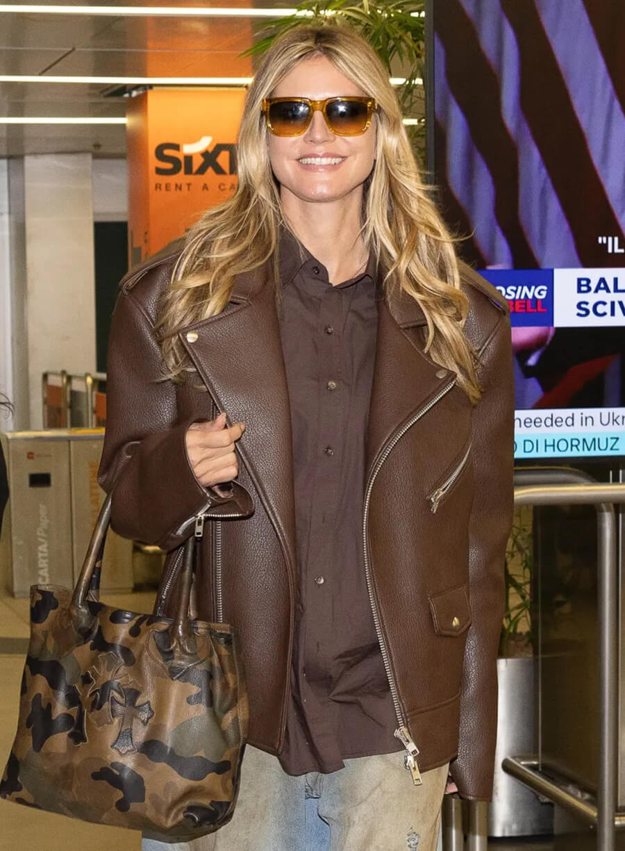 Heidi Klum Brown Biker Leather Jacket