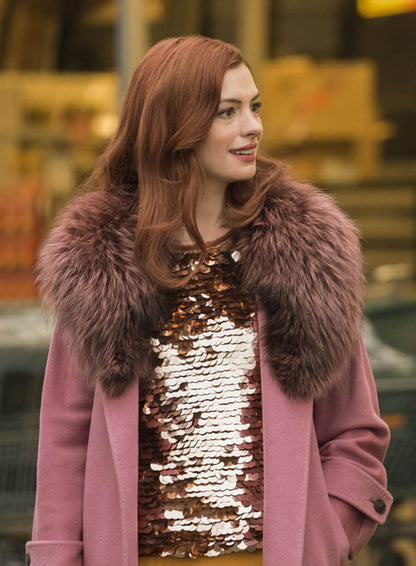 Anne Hathaway Lexi Modern Love Pink Shearling Coat