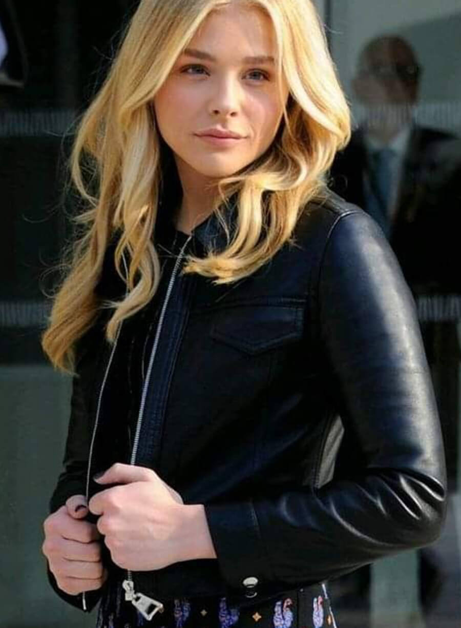 Chloë Grace Moretz Black Leather Trucker Jacket