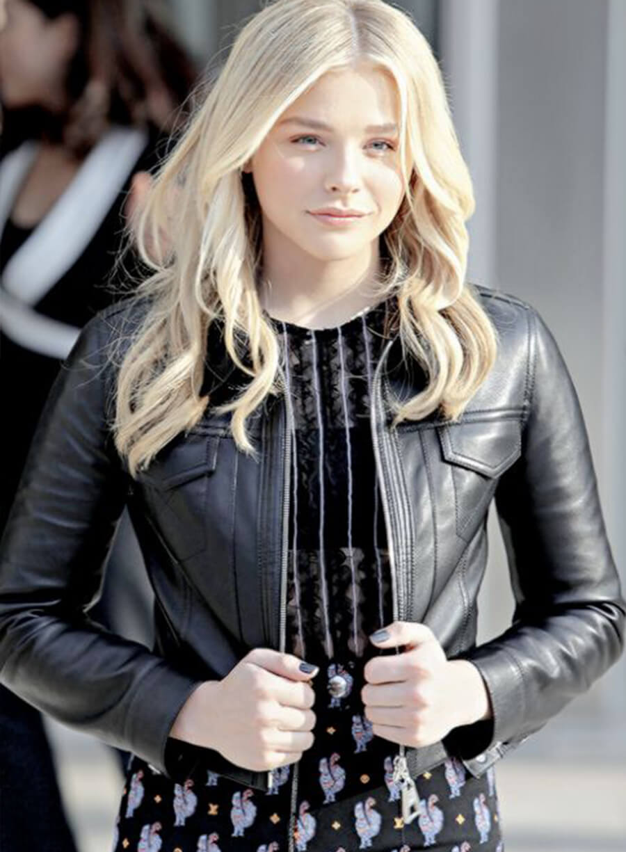 Chloë Grace Moretz Black Leather Trucker Jacket