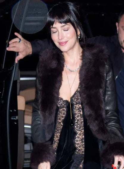 Dakota Johnson Fur-Trimmed Leather Jacket