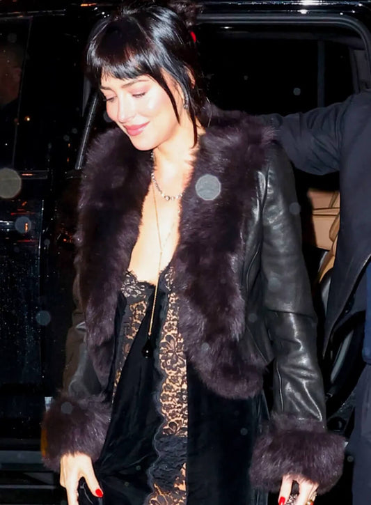 Dakota Johnson Fur-Trimmed Leather Jacket