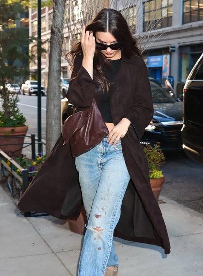 Emily Ratajkowski Street Style Brown Suede Coat