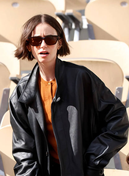 Lily Collins French Open 2026 Leather Jacket