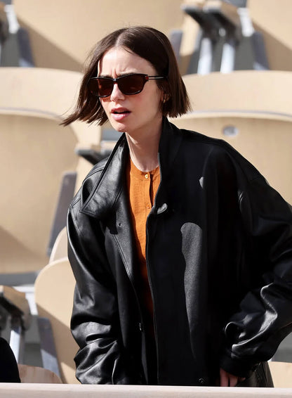 Lily Collins French Open 2026 Leather Jacket