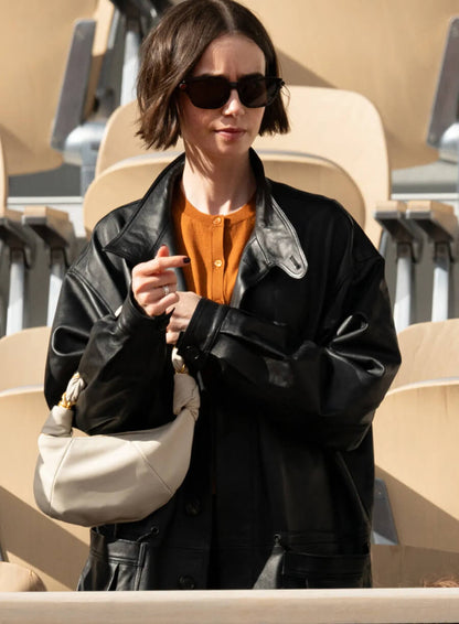 Lily Collins French Open 2026 Leather Jacket