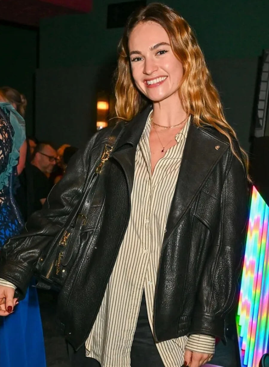 Lily James End Of The Rainbow Afterparty Leather Jacket