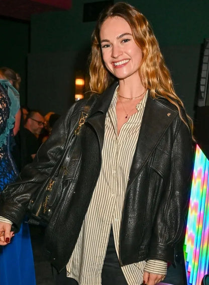 Lily James End Of The Rainbow Afterparty Leather Jacket