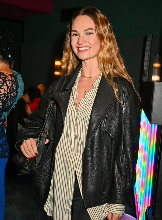 Lily James End Of The Rainbow Afterparty Leather Jacket