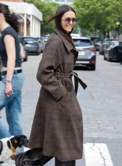 Nina Dobrev Street Style 2026 Plaid Coat