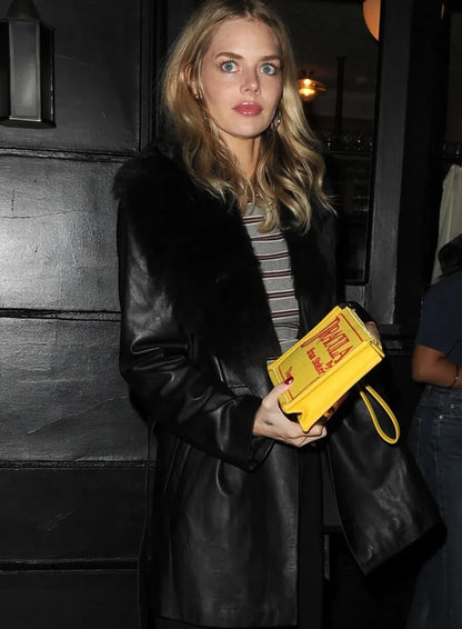 Samara Weaving Black Leather Coat