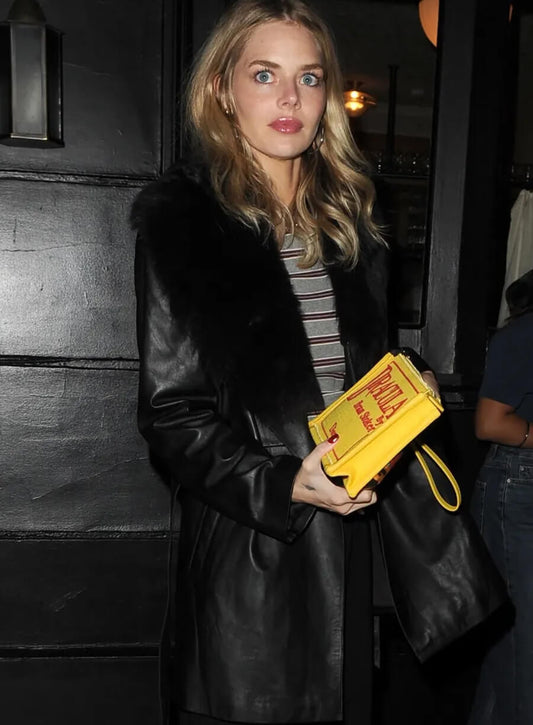 Samara Weaving Black Leather Coat