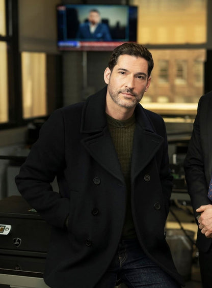 Tom Ellis CIA 2026 Colin Glass Blue Wool Coat