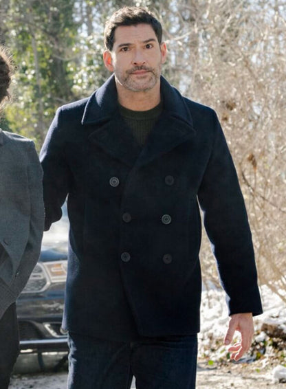 Tom Ellis CIA 2026 Colin Glass Blue Wool Coat