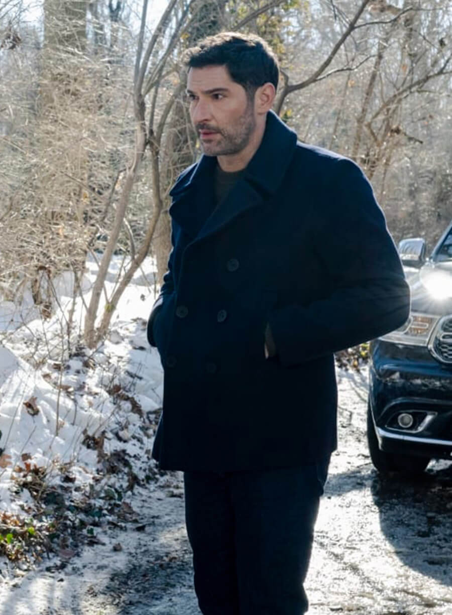 Tom Ellis CIA 2026 Colin Glass Blue Wool Coat