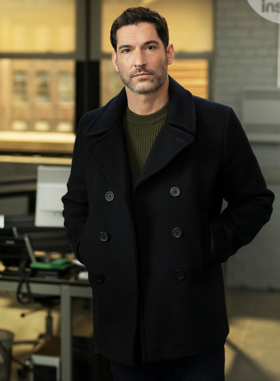 Tom Ellis CIA 2026 Colin Glass Blue Wool Coat