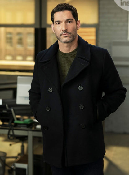 Tom Ellis CIA 2026 Colin Glass Blue Wool Coat